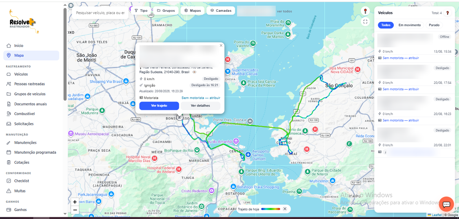 Mapa e localização em tempo real dos veículos no sistema Resolve+
