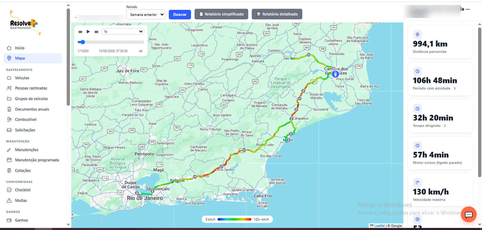 Histórico de trajeto percorrido, distância e tempo de atividade no sistema Resolve+