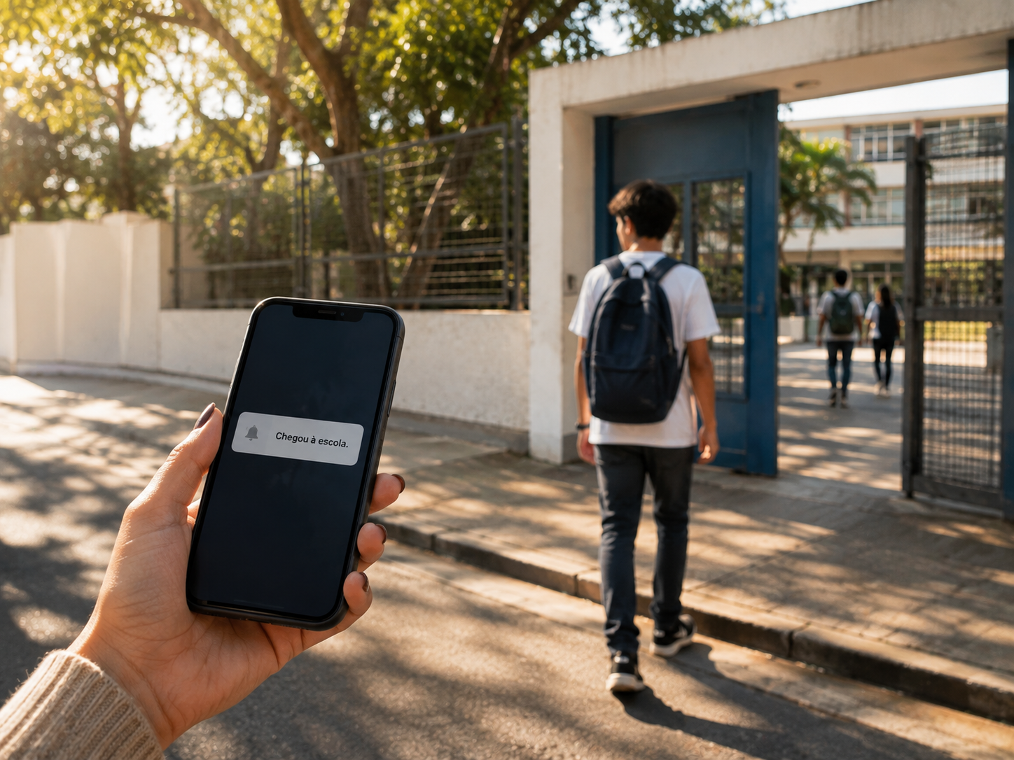 Adolescente chegando à escola com notificação de chegada no celular