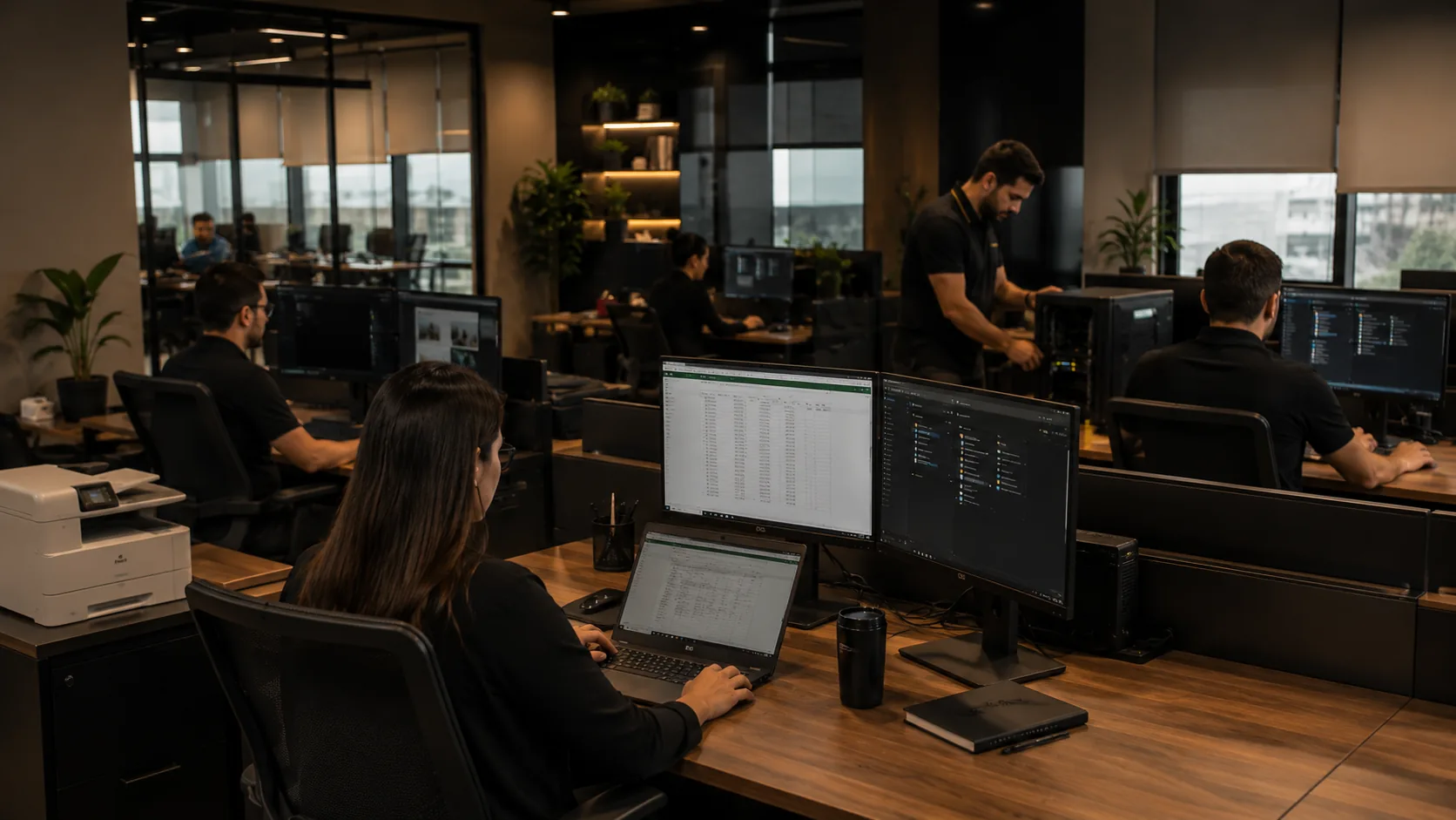 Ambiente empresarial com equipe utilizando infraestrutura de tecnologia