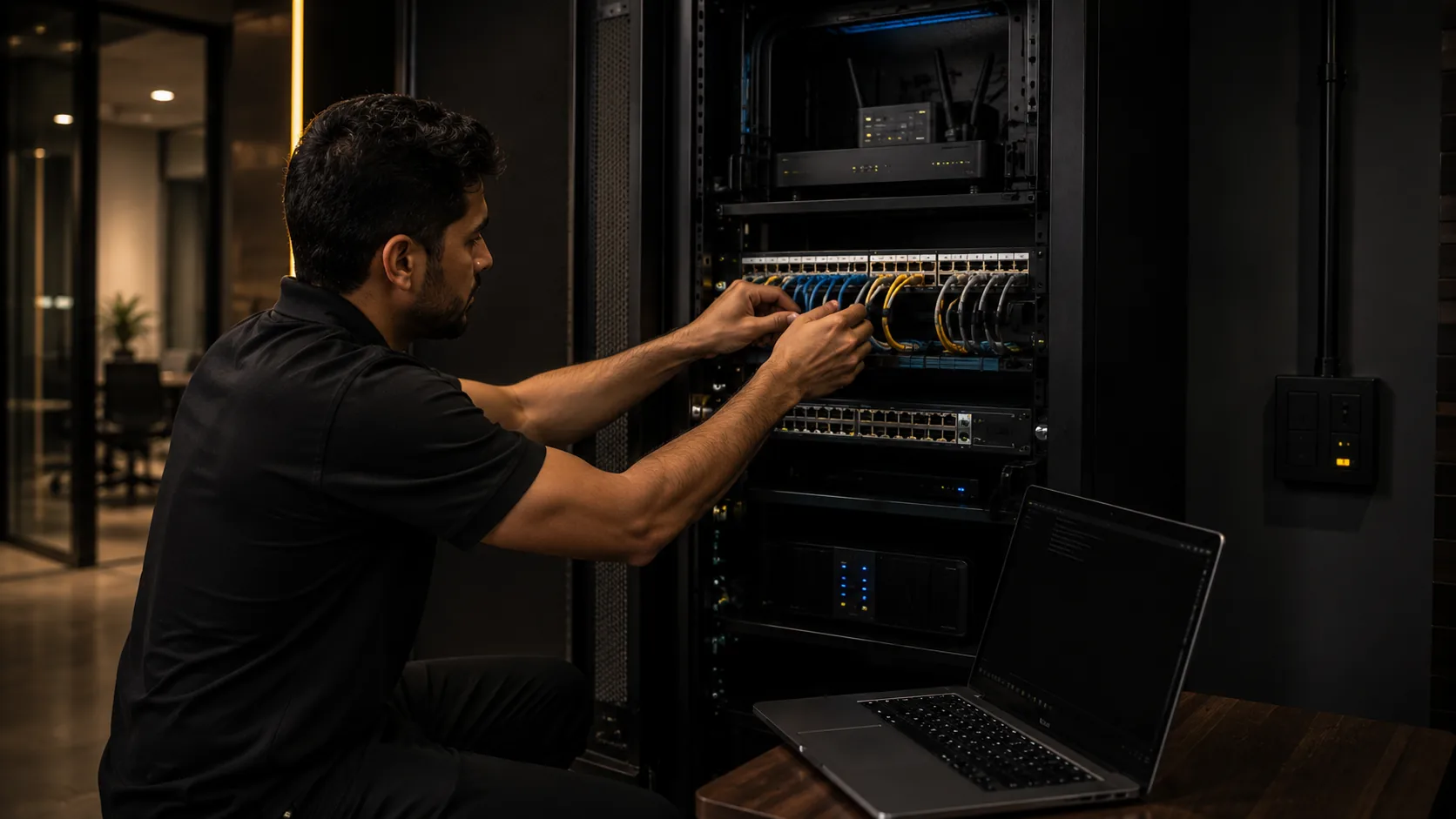 Técnico realizando manutenção em infraestrutura de rede corporativa
