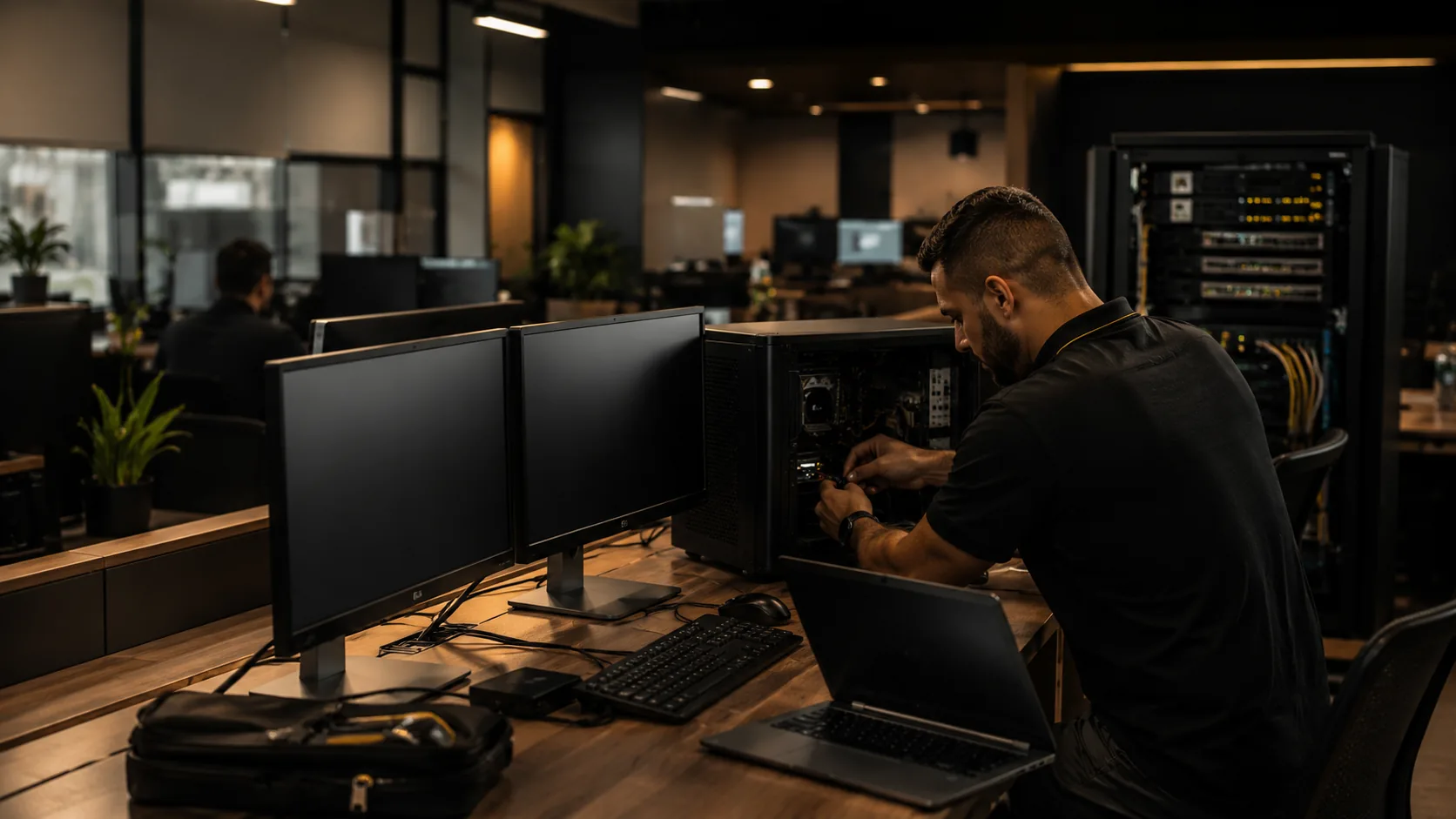 Técnico de TI realizando manutenção em computador empresarial